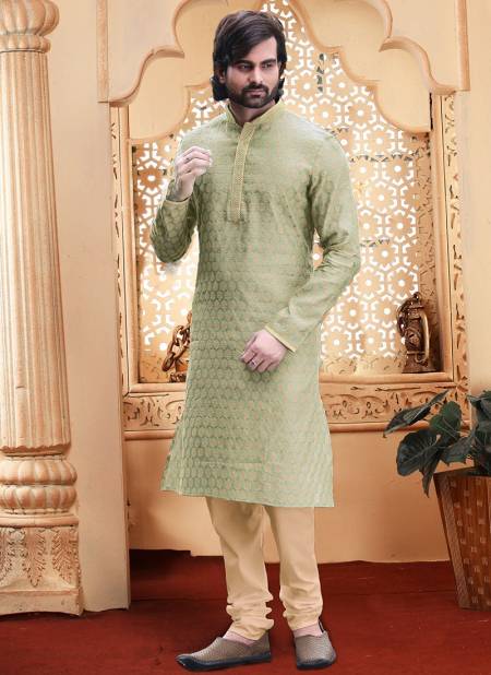 Pista Green Colour Exclusive Party Wear Poly Jacquard Digital Printed Kurta Pajama Mens Collection RH-KP-3